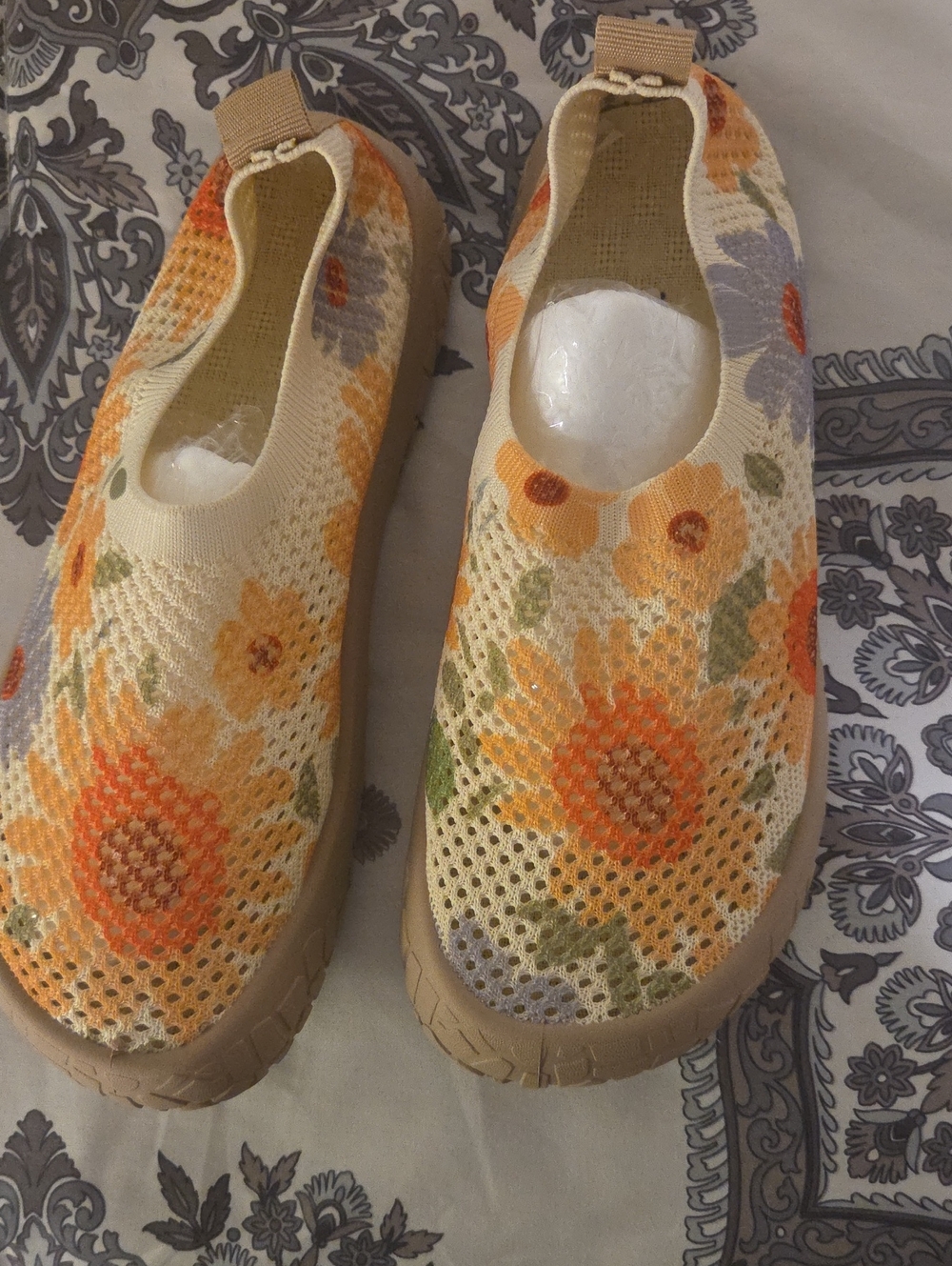 Floral Knit Slip-On Mules in Yellow Orange - Women